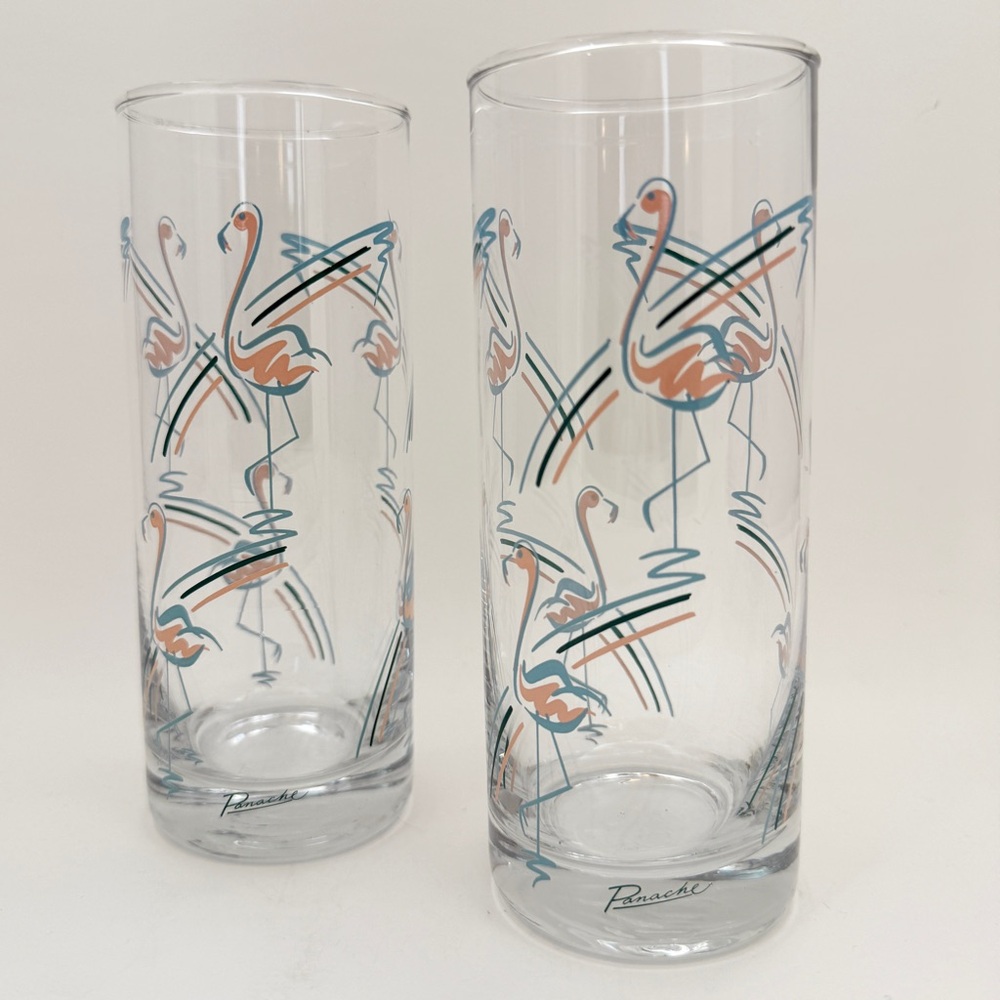 Vintage MCM 1960s Panache Flamingo Tumbler Highball Bar Glasses Set of 2